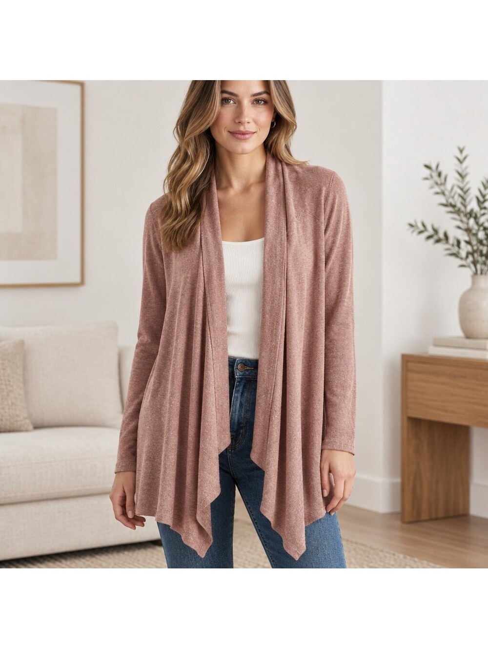 Cottagecore Boho Shabby Chic Dusty Rose Pink Drape Waterfall Open Cardigan 5130